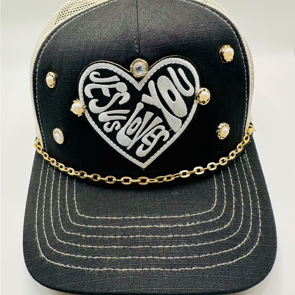 Black and Gold Heart Embellished Cap
